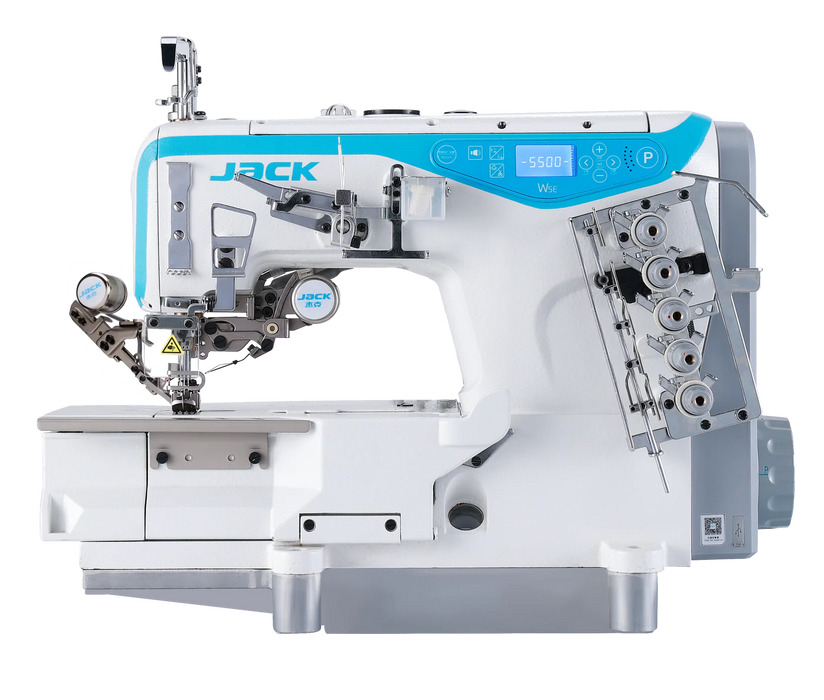 W5E-UT-01GBX364/Z 3 Needle 5 Thread Direct Drive Electronic Flatbed Coverstitch Industrial Sewing Machine with Thread Trimmer and Auto Foot Lifter - Complete Setup, Table, Stand Included